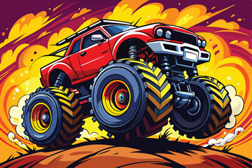 Dynamic monster truck illustration in vibrant colors with splashes, perfect for automotive art, posters, and action-packed designs Toy. © Abu hamed shah