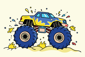 Dynamic monster truck illustration in vibrant colors with splashes, perfect for automotive art, posters, and action-packed designs Toy.