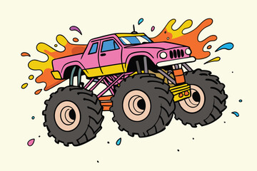 Dynamic monster truck illustration in vibrant colors with splashes, perfect for automotive art, posters, and action-packed designs Toy.
