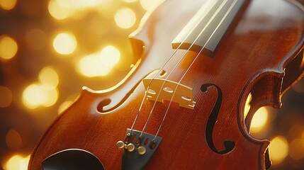 Fototapeta premium Close-Up of a Wooden Violin Against a Bokeh Background of Light