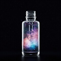 Glass bottle with colorful nebula-like mist inside on black background