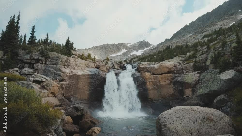 Poster waterfall cascading down rocky cliffs into a pristine mountain lake, surrounded by lush greenery and