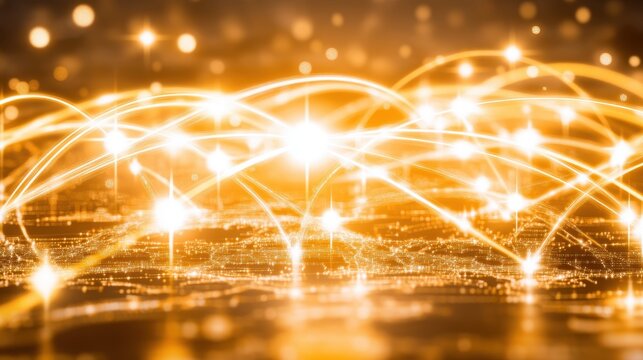 Interconnected Network of Golden Light Streaks Representing Global Connectivity and Data Flow for Digital Transformation concept