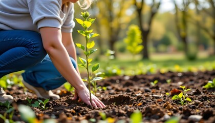 Woman kneeling down to plant a tree in a community garden promoting environmental awareness