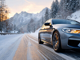 Sleek silver sedan driving on a snow-covered mountain road at sunset, with snow-capped peaks in the background