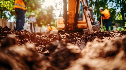 close up of construction workers operating an excavator, digging deep trenches for foundation, heavy machinery in action, dirt flying, midday sunlight casting shadows