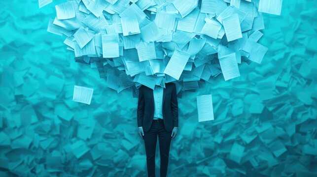 A person in a suit is overwhelmed by a large cloud of paperwork above their head, symbolizing stress or information overload.