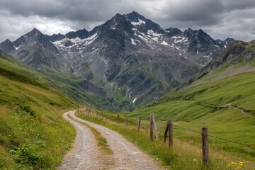 A Winding Path to Majestic Mountain Peaks Under a Dramatic Overcast Sky