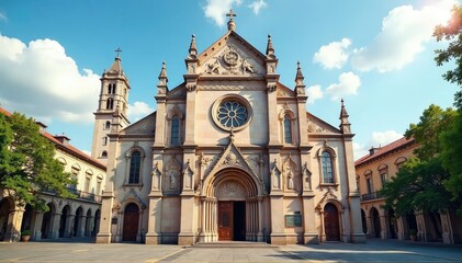 Traditional church building exterior, ornate details, religious building, belief, old