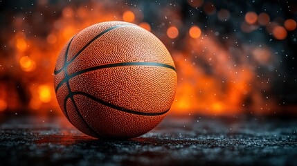 Basketball resting on a dark surface, with a warm, glittering background