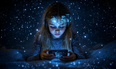 Young Girl Using Smartphone at Night with Magical Glowing Effects