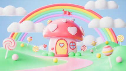 A whimsical 3D rendered candyland scene with a pink and yellow mushroom-shaped house as the centerpiece