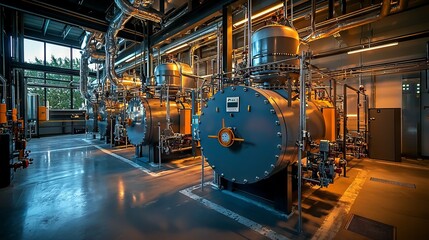 Fototapeta premium Industrial Boiler Room with Pipes and Equipment in Modern Facility