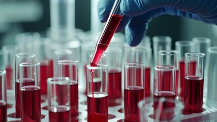 Gloved hand using pipette in laboratory with test tubes filled with red liquid for diabetes research concept - Powered by Adobe