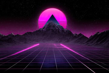 Retro futuristic mountain landscape