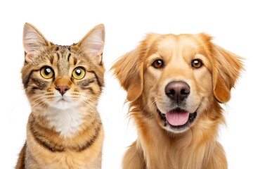Adorable cat and golden retriever dog companions looking directly at the viewer on white background