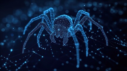 Abstract digital spider in a web, glowing blue, polygonal design.