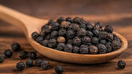 Black peppercorns in a wooden spoon
