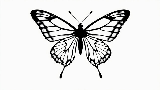A black and white butterfly with detailed wing patterns gracefully displayed on a plain white backdrop created with generated ai