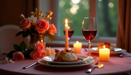 Romantic anniversary dinner setting, candles, flowers, wine , happy, event, special