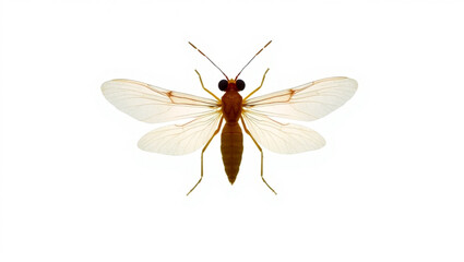 Close up view of a small brown insect with translucent wings on a plain white background in a studio shot created with generated ai