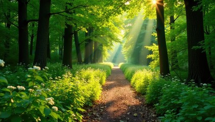 Fototapeta premium Sun-dappled forestry path winding through lush green woods, sunlight filtering through leaves , earth path, solitude, background
