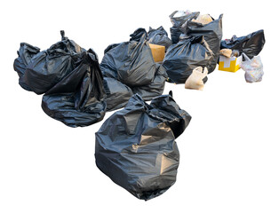 Large group of waste in black plastic bag at garbage dump isolated with clipping path in png file format