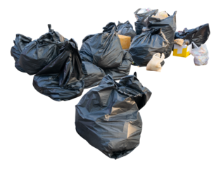 Large group of waste in black plastic bag at garbage dump isolated with clipping path in png file format