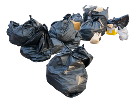 Large group of waste in black plastic bag at garbage dump isolated with clipping path in png file format