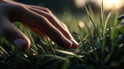 Gentle touch of male fingers on soft grass, backlit by low sunlight, beautiful shadows and ultra-realistic 4k rendering