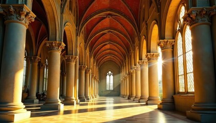 Obraz premium Majestic French church with intricate architecture, bathed in golden sunlight , church, religion, facade