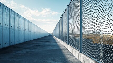 Industrial Fence Along a Concrete Pathway Under Clear Blue Sky