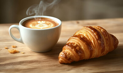 Warm Coffee with Latte Art and Buttery Croissant on Wooden Table