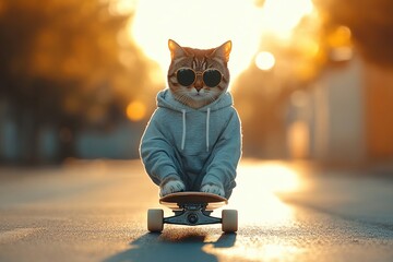 Cat wearing sunglasses and a hoodie is skateboarding down a sunlit street, showcasing a playful and adventurous spirit in a vibrant urban setting
