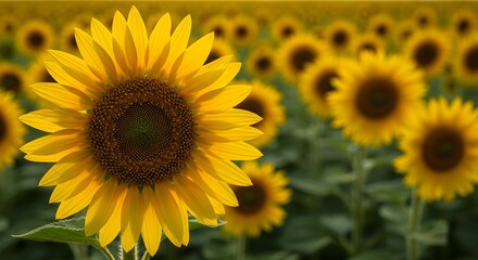 Obraz premium Macro photo of a single sunflower with a wide field of flowers behind, soft focus