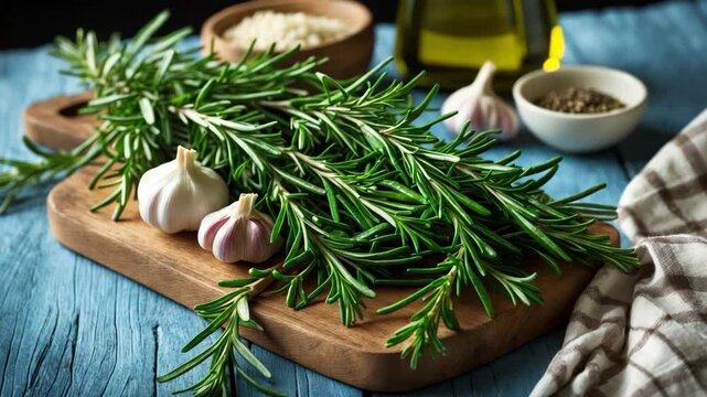 Board displaying fresh rosemary and garlic