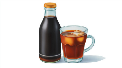 Cold brew coffee bottle with glass cup filled with iced coffee and ice cubes, showcasing refreshing and cool beverage on white background