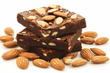 Delicious stack of almond brownies sweet dessert food photography isolated on white background