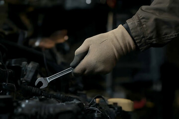 Mechanic working on car engine. Gloved hand holds a wrench over an engine bay. Automotive repair in workshop.