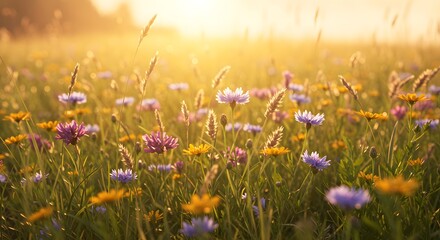 Gentle breeze moving wildflowers in a field, captured in close-up with motion blur © Nique