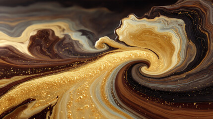 Swirling, golden, and brown liquid abstract art resembling marble or a celestial body