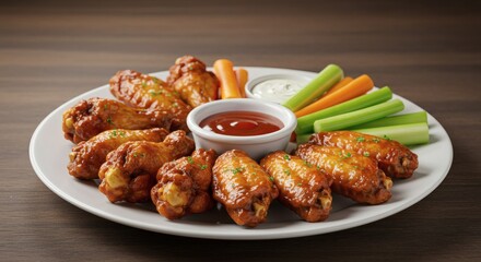 Serving of Chicken Wings with Celery and Carrot Sticks on White Plate