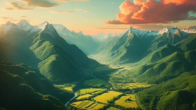 Sky-high view of flourishing mountains and a calm valley.