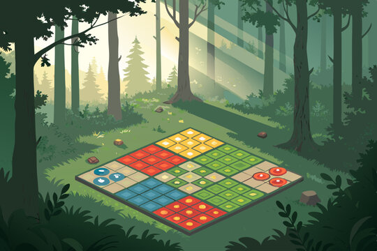 Create a vibrant isometric vector illustration for a strategy game advertisement featuring a bold grid, showcasing strategic gameplay elements.