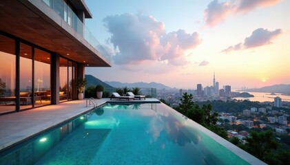 Obraz premium Luxury condo building rooftop pool and city view, perspective, relaxation
