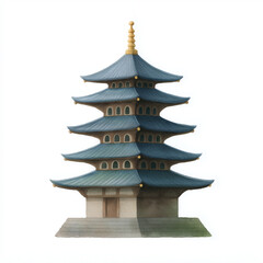 Serene watercolor painting of traditional Japanese pagoda with multiple tiered roofs and intricate architectural details, evoking calm and cultural beauty