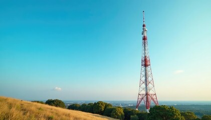 Tall broadcast tower against a clear blue sky, reaching high above the landscape , metal, support