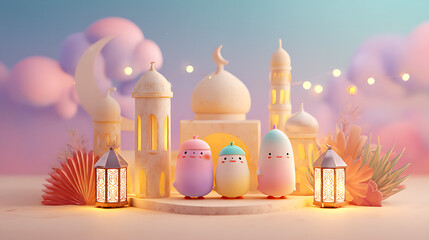 Three colorful cartoon characters stand in front of a whimsical mosque at sunset, with lanterns