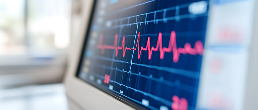 Medical monitor displays a heart rhythm tracing. The screen features a grid and a red waveform, providing vital signs monitoring.