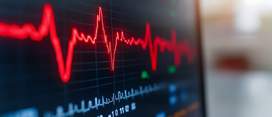 Red line graph on a dark screen. Oscillating data visualization. Representing trends, volatility, or health monitoring in a digital interface. Analyzing charts.